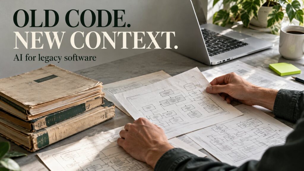 AI for legacy software editorial cover with technical manuals, software diagrams and Old Code New Context headline