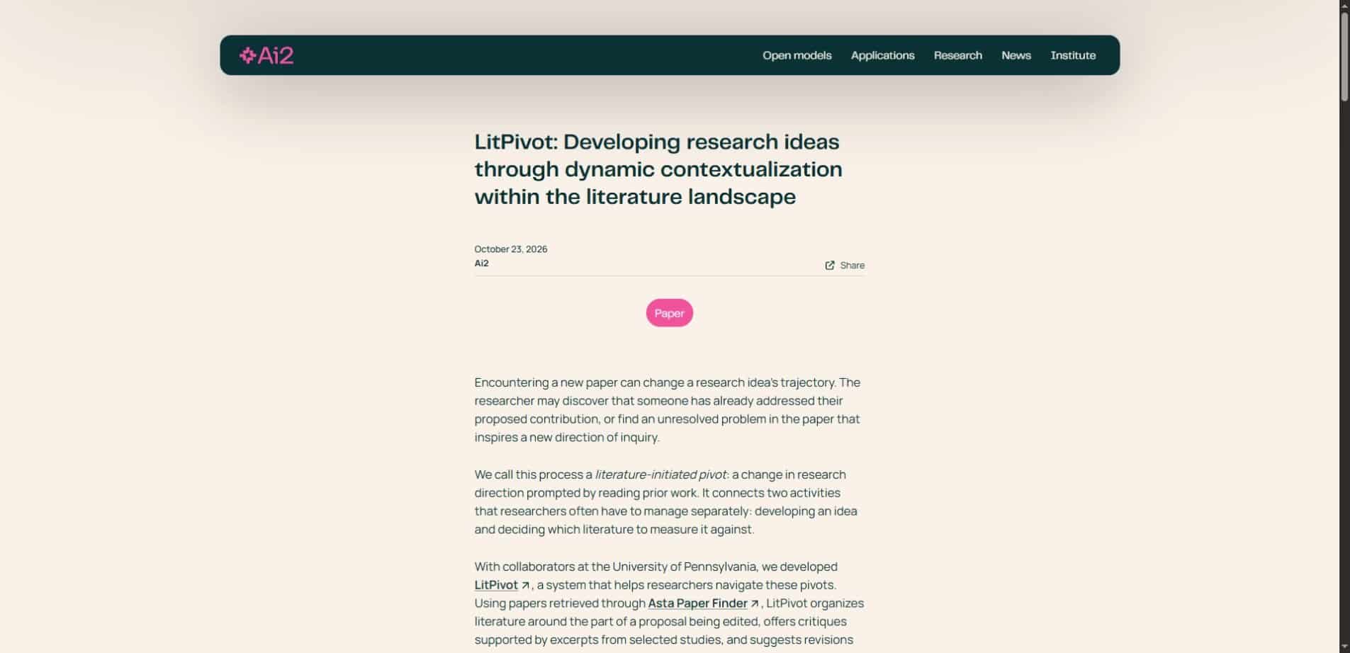 Ai2 announcement introducing LitPivot and literature-supported research idea development