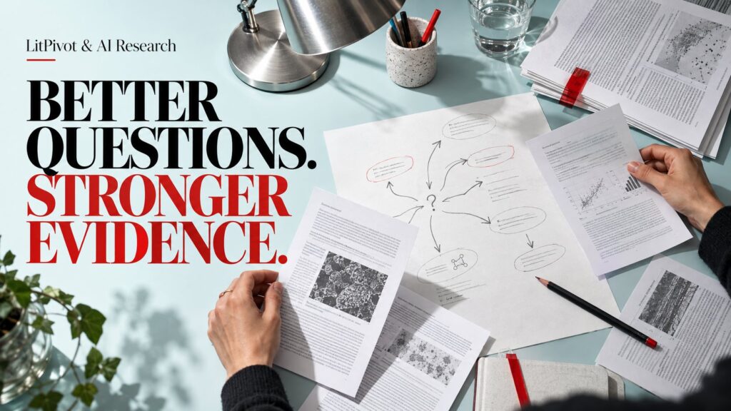 LitPivot editorial cover with research papers, a branching idea sketch and Better Questions Stronger Evidence headline