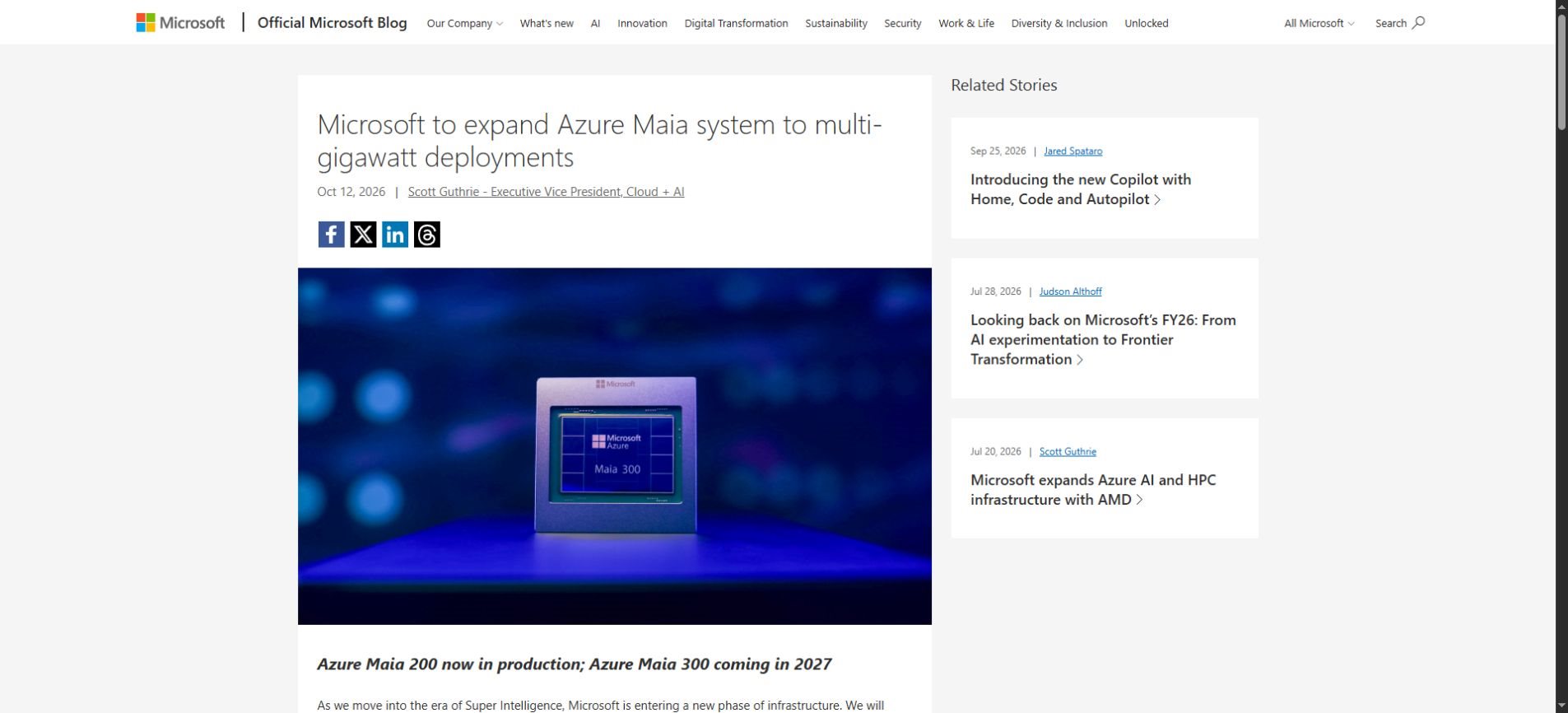 Microsoft’s October 12, 2026 announcement of expanded Azure Maia deployments