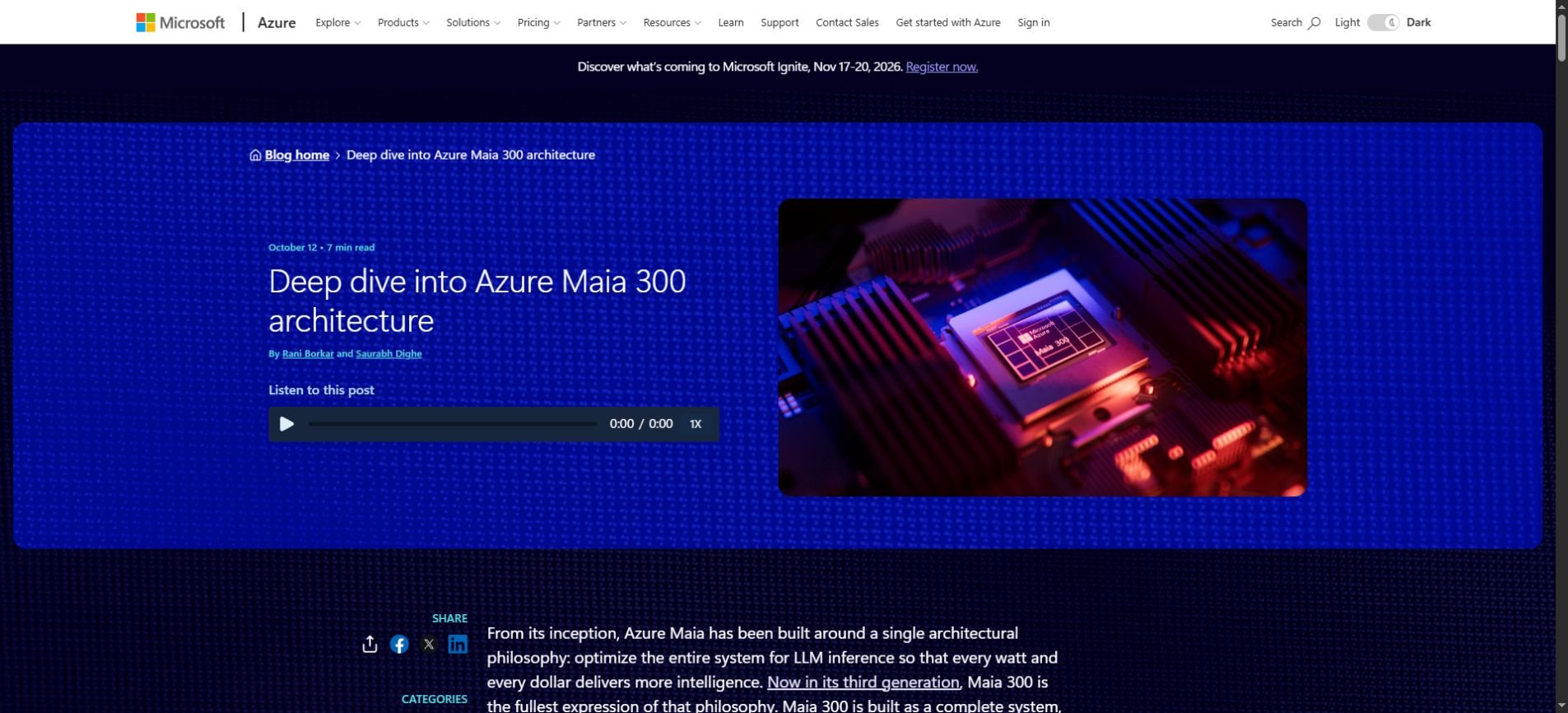 Microsoft Azure architecture article showing the Maia 300 system announcement and chip image
