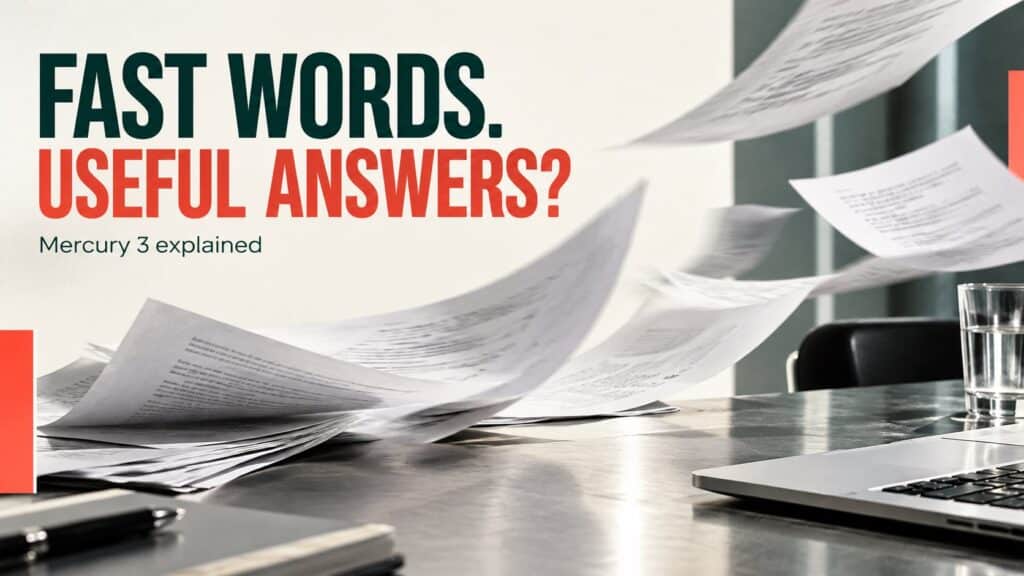 Mercury 3 editorial cover with moving paper sheets, a silver laptop and Fast Words Useful Answers headline