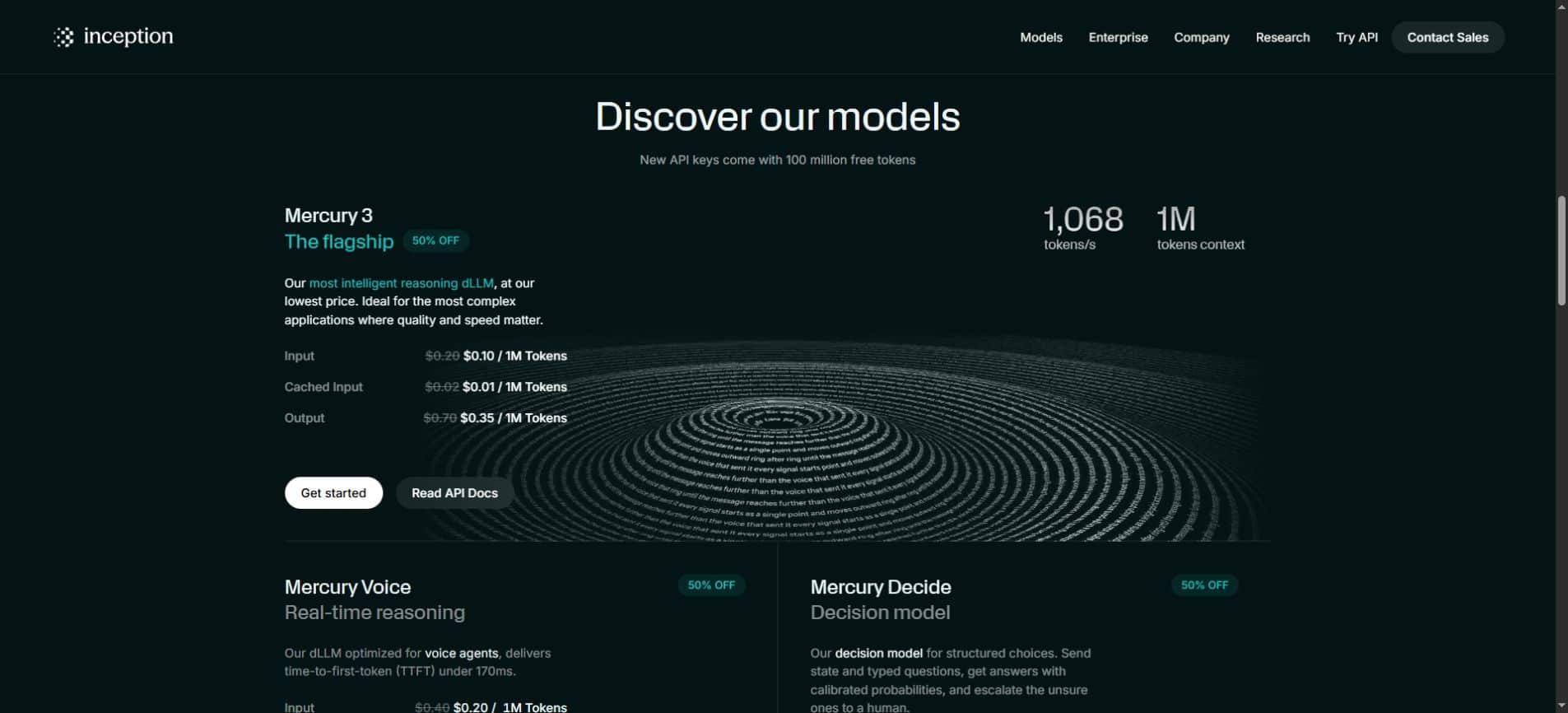 Inception Mercury 3 model page showing context capacity and standard versus promotional token pricing