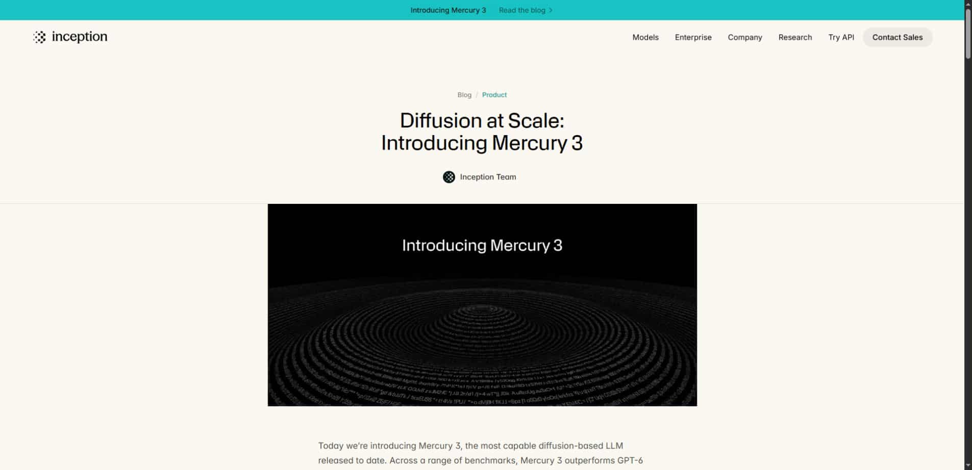 Inception’s official Diffusion at Scale Introducing Mercury 3 announcement