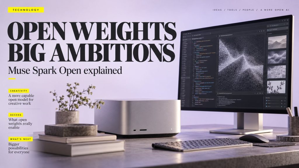 Muse Spark Open editorial cover with silver desktop computer, code monitor and Open Weights Big Ambitions headline