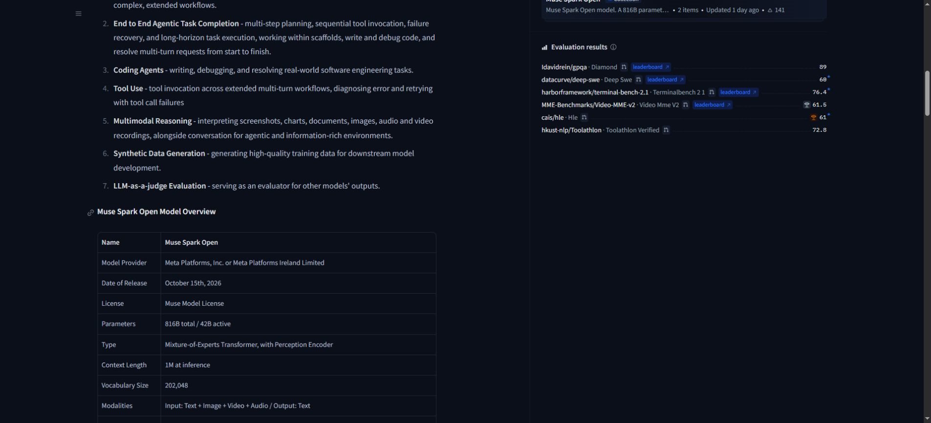 Muse Spark Open model card showing 816B total parameters, 42B active parameters and a 1M-token context
