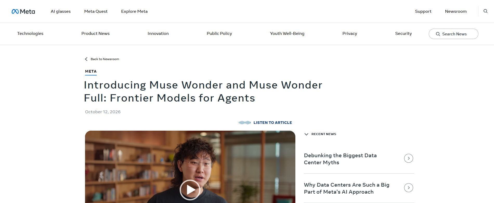 Meta Newsroom announcement of Muse Wonder and Muse Wonder Full dated October 12, 2026