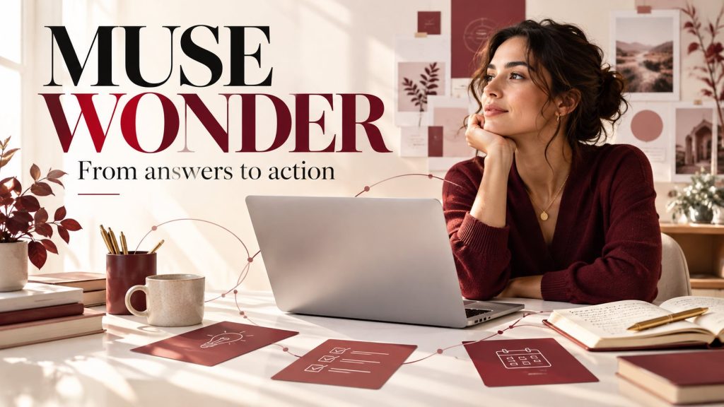 Muse Wonder editorial cover with a woman at a laptop, burgundy task cards and From answers to action headline