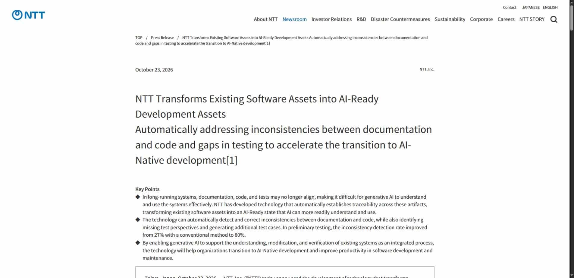 NTT’s October 23, 2026 announcement about transforming existing software into AI-ready development assets