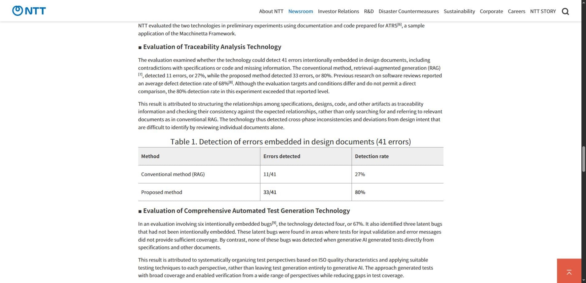 NTT preliminary experiment results showing detection of 33 of 41 documentation errors compared with 11 for the RAG baseline