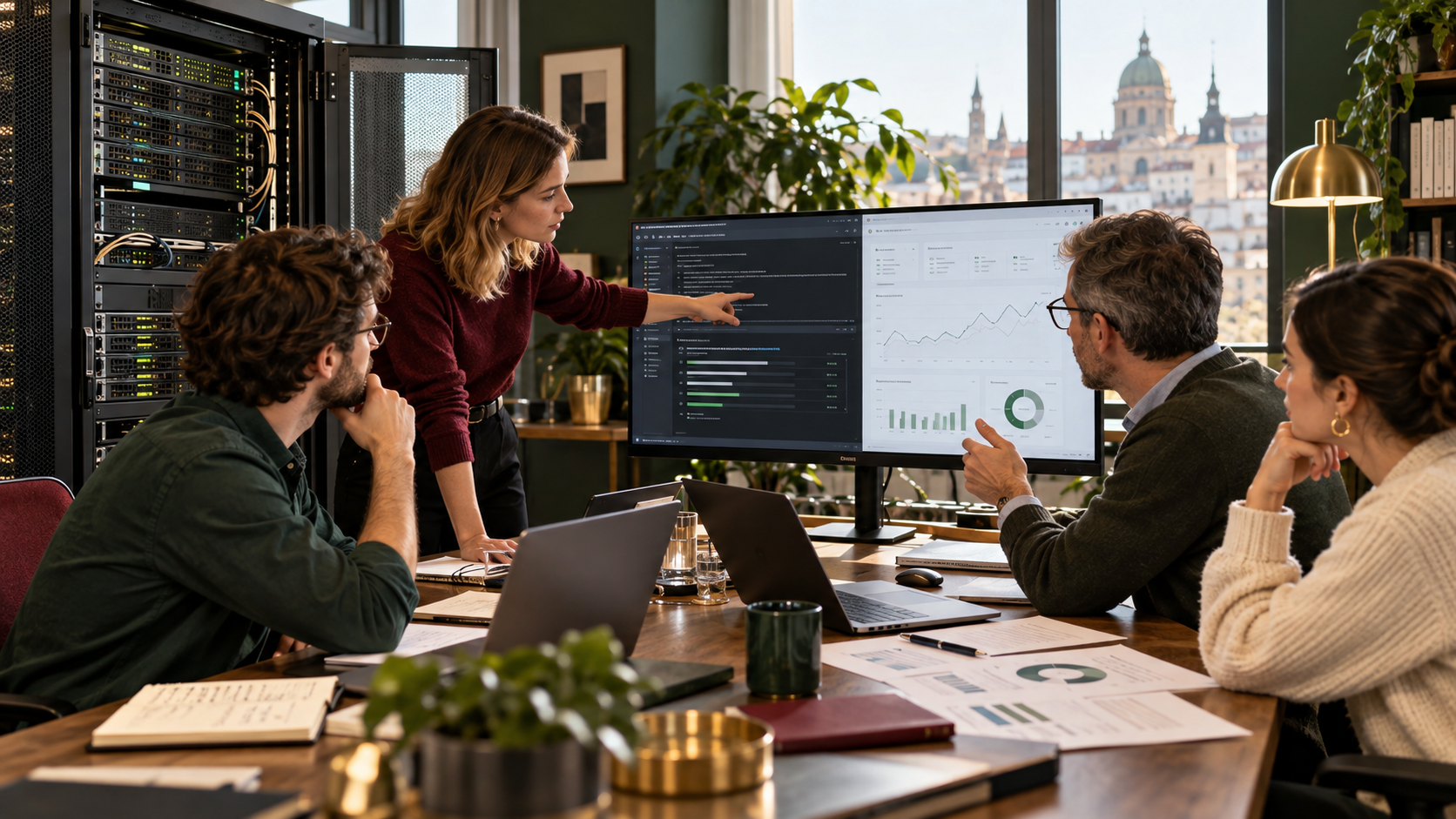Illustration of a technology team reviewing an open-weight AI deployment beside a server rack