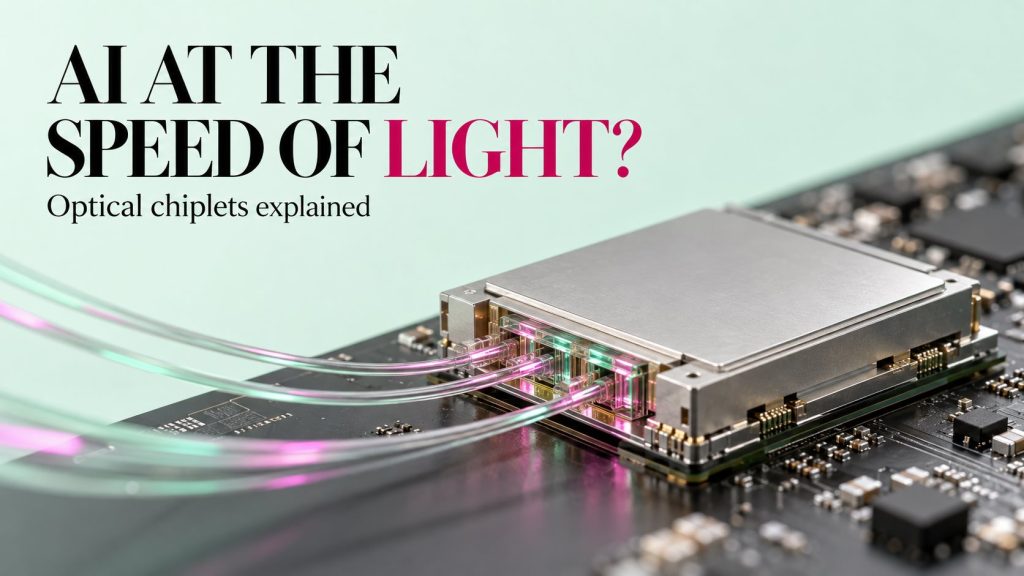 Optical chiplets editorial cover with a silver chip package, mint and magenta fibers and AI at the Speed of Light headline