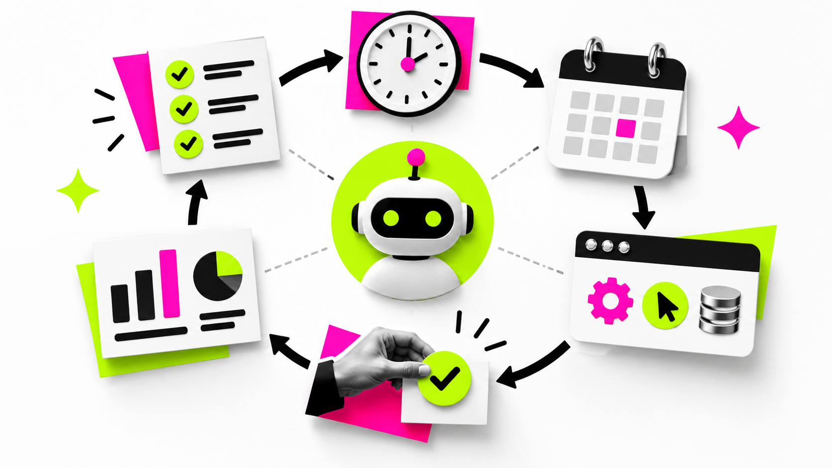 Persistent AI agent workflow showing schedules, connected tools, human approval and result reporting