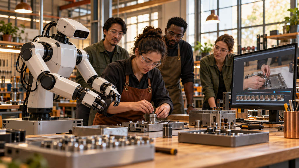 Technicians teaching a collaborative physical AI robot an assembly task using a video demonstration