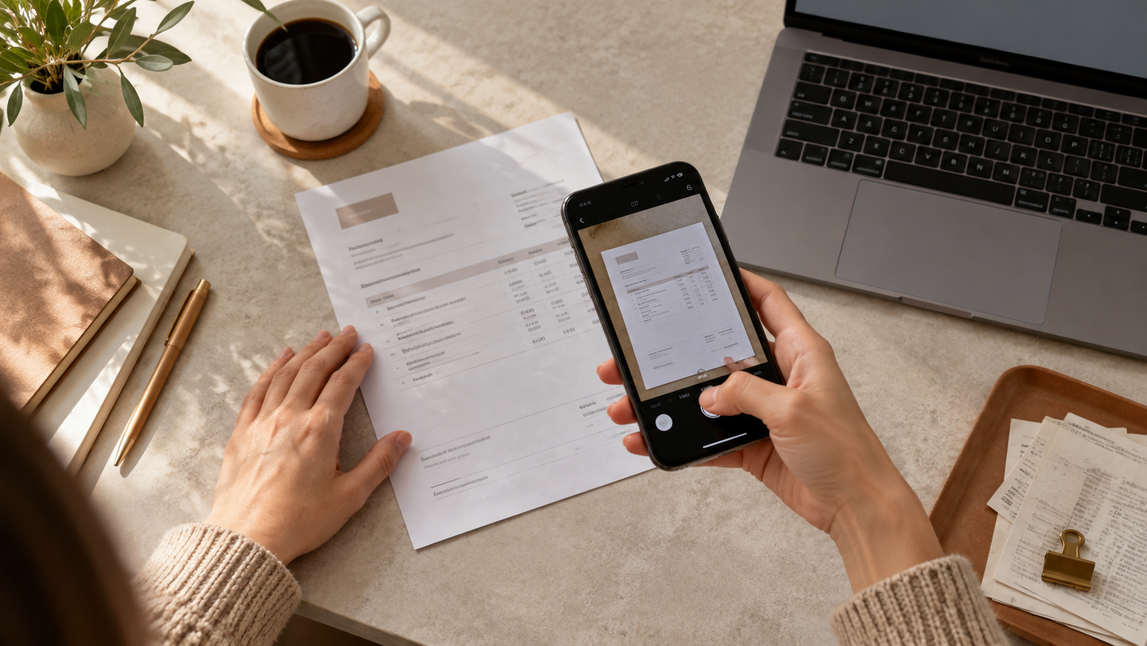 Person photographing a paper document carefully with a phone beside a laptop