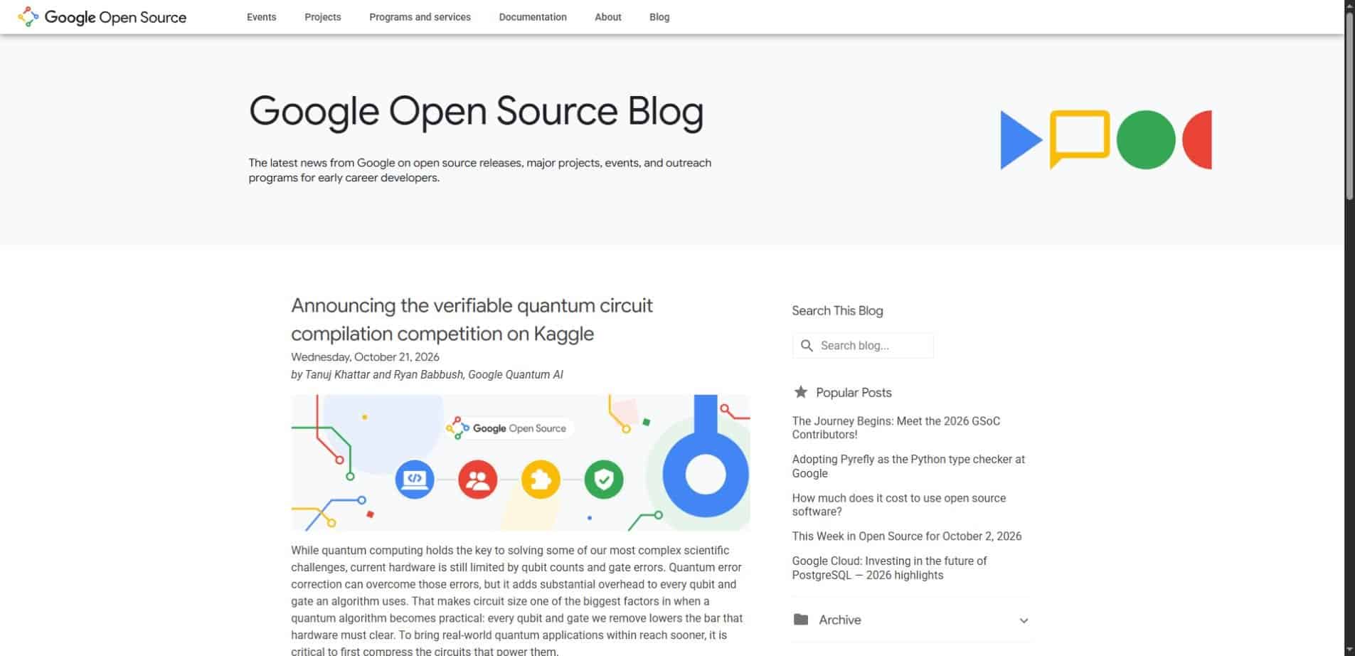 Google Open Source Blog announcement of the verifiable quantum circuit competition on Kaggle