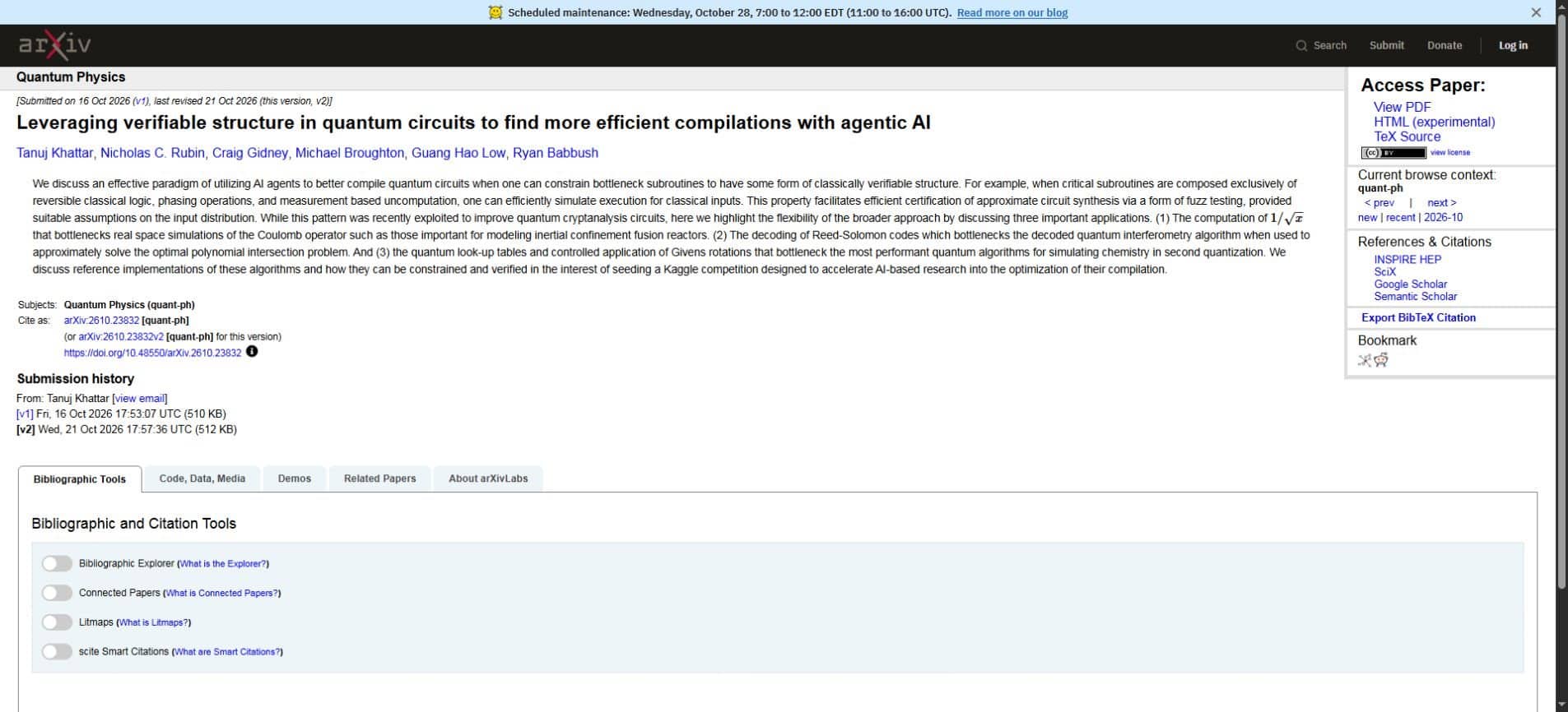 arXiv page for research on verifiable quantum circuit compilation with agentic AI