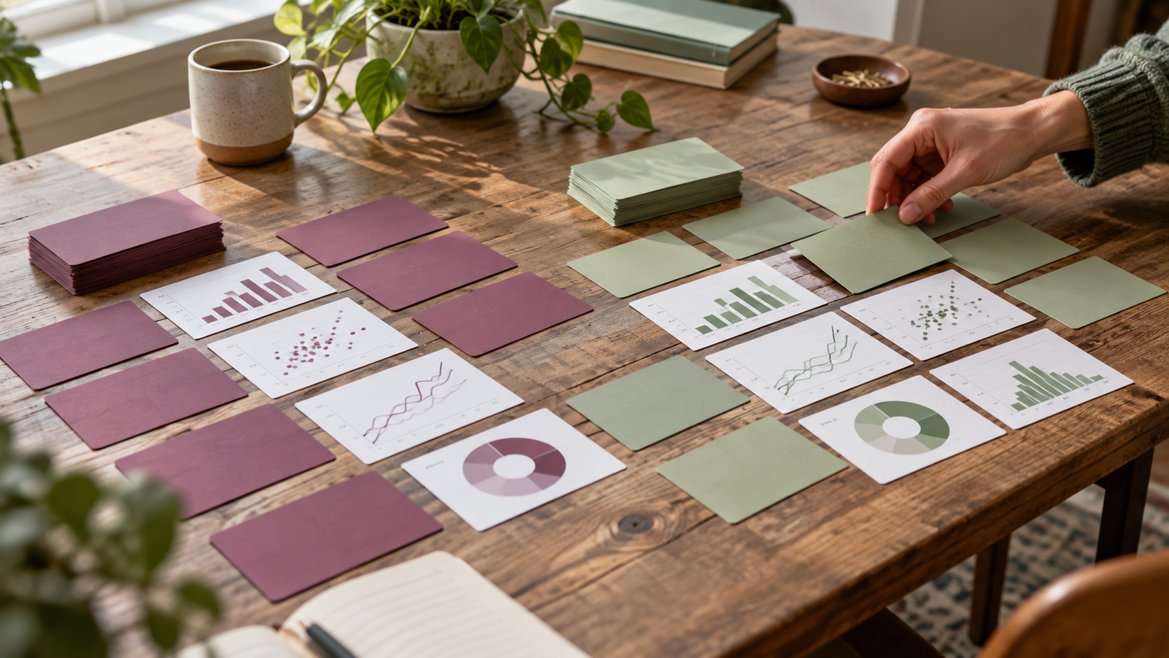 Two groups of colored cards and charts representing real and synthetic data
