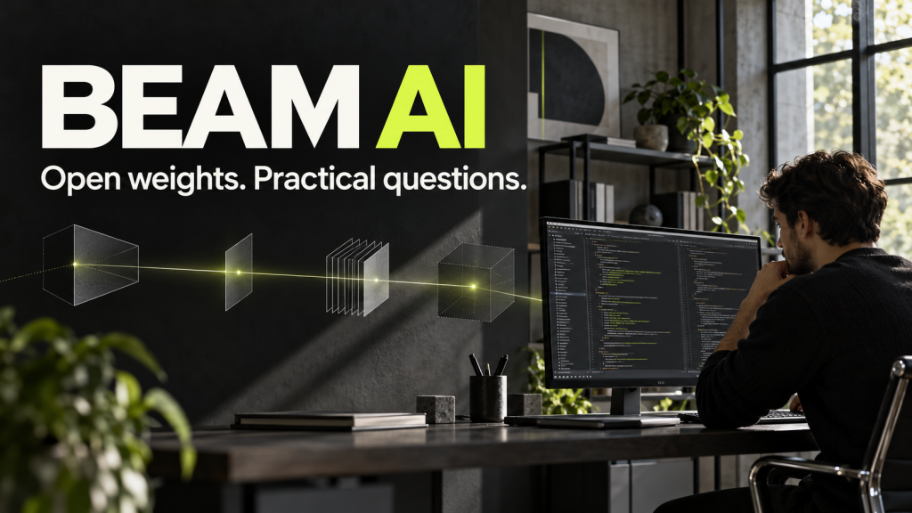 Beam AI editorial cover with a developer workstation and geometric expert-module design