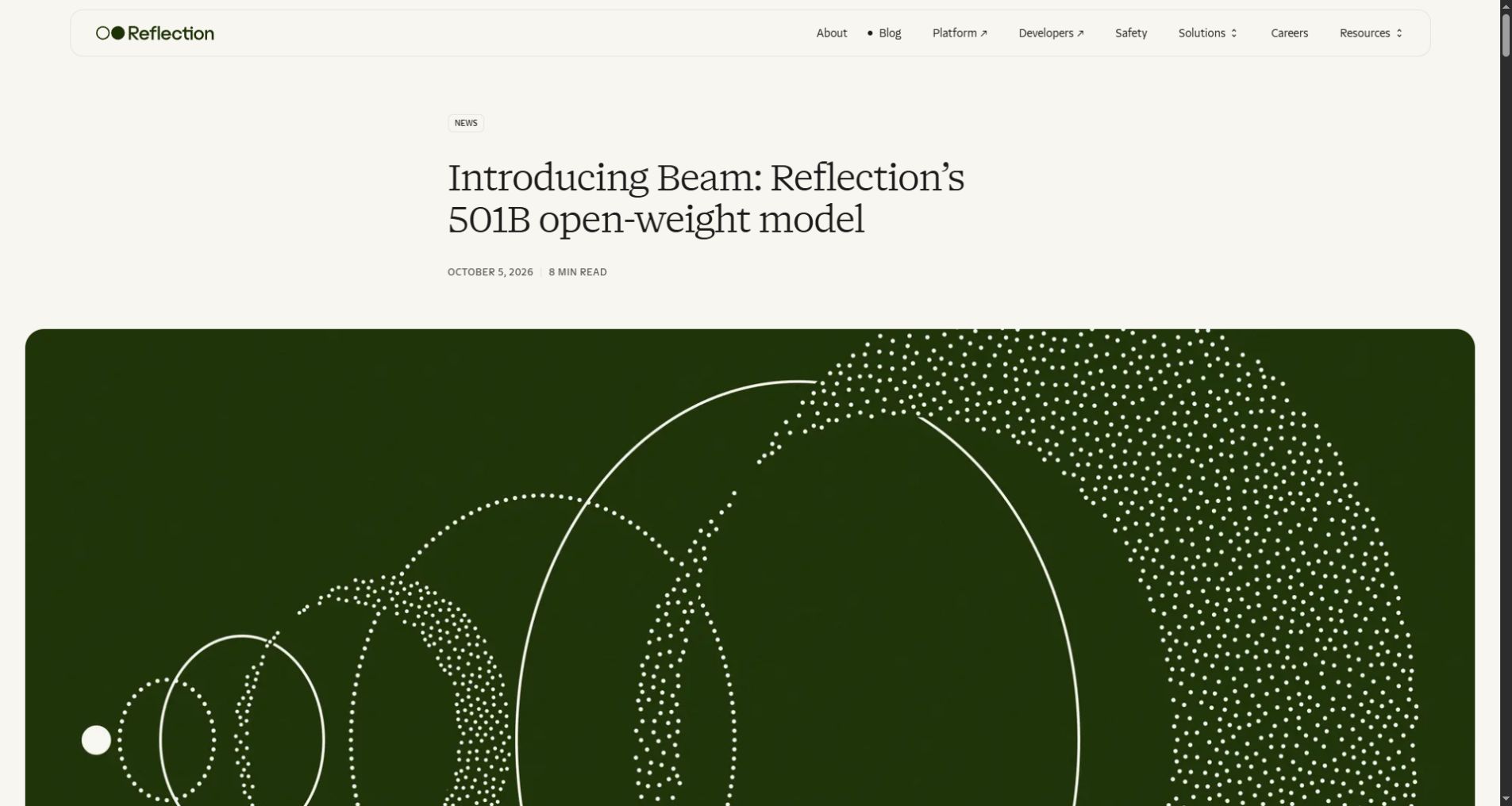 Official Reflection announcement introducing the Beam open-weight AI model
