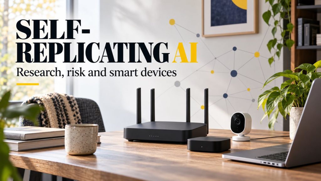 Self-replicating AI editorial cover with a home router, streaming box, security camera and research headline