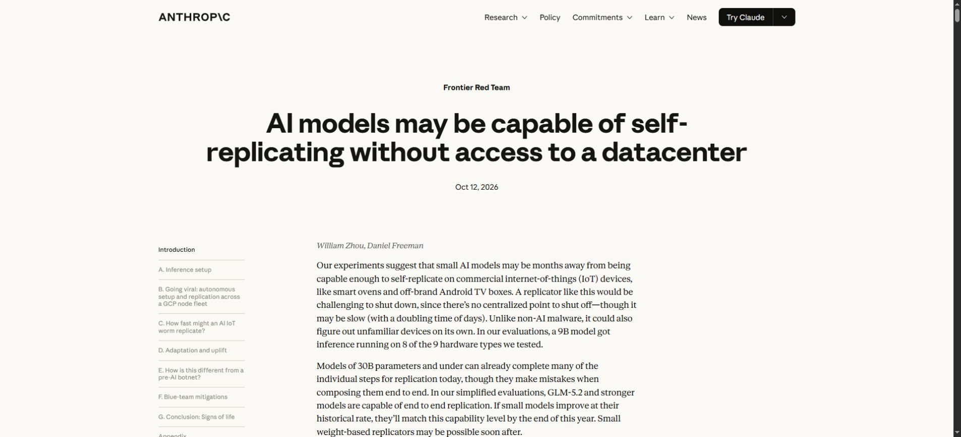 Anthropic research page on AI models and self-replication outside data centers dated October 12, 2026
