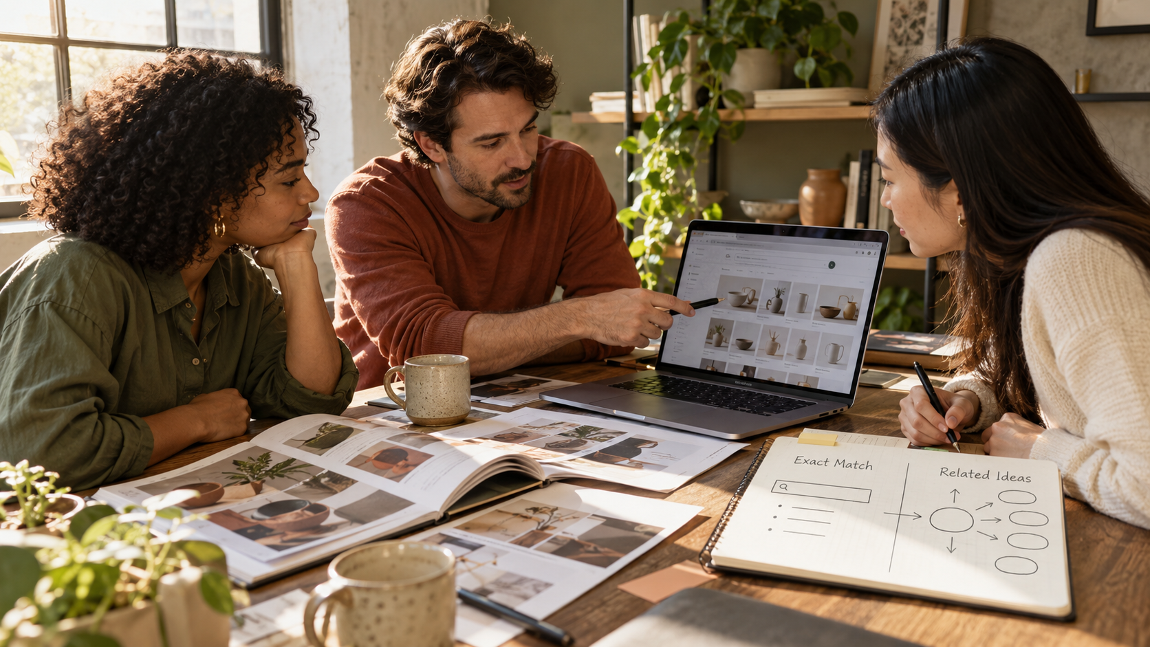 Product team reviewing catalog search results and comparing exact matches with related ideas