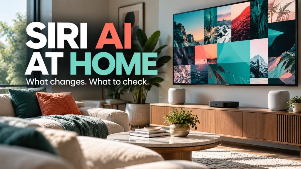 Siri AI at Home editorial cover with a living room television, smart speakers and teal and coral headline