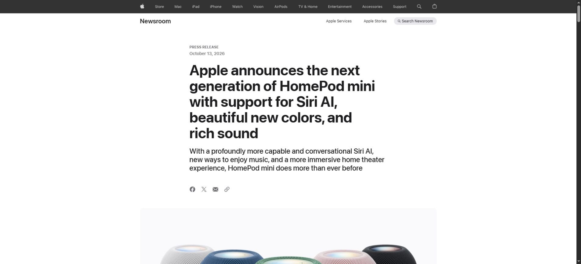 Apple Newsroom announcing HomePod mini 2 and future support for Siri AI on October 13, 2026
