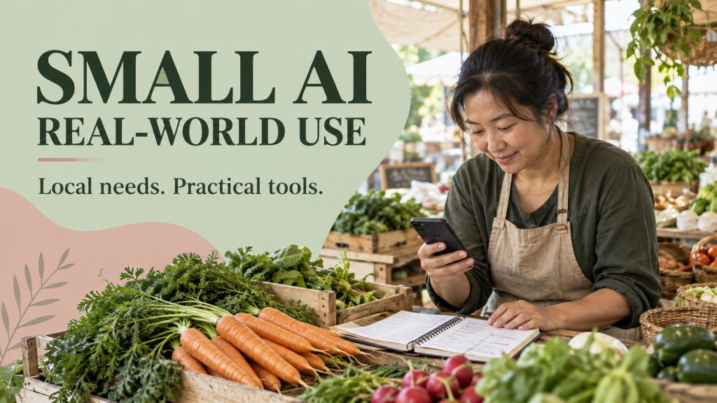 Small AI editorial cover with a produce shop owner using a smartphone beside an inventory notebook