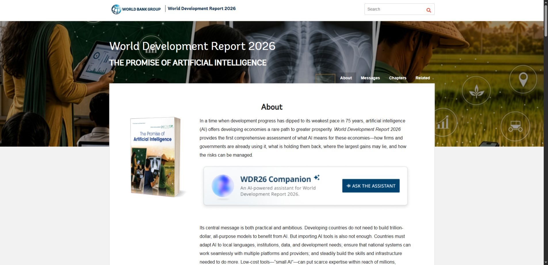 World Development Report 2026 page on the promise of artificial intelligence for developing economies