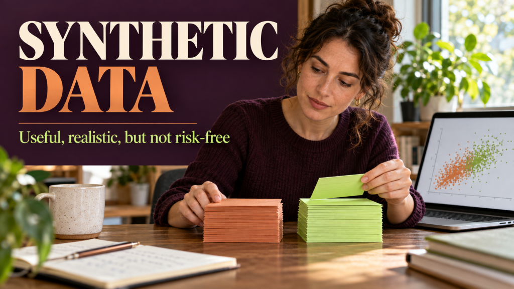 Synthetic Data cover showing an analyst comparing two sets of data cards with title Synthetic Data