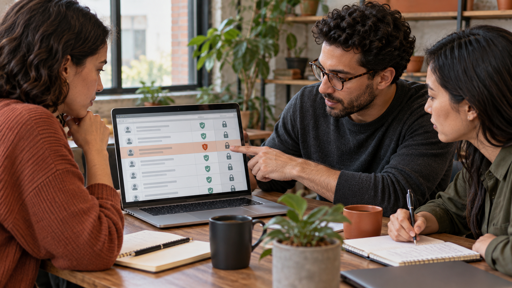 Privacy review team examining a synthetic dataset and a highlighted record