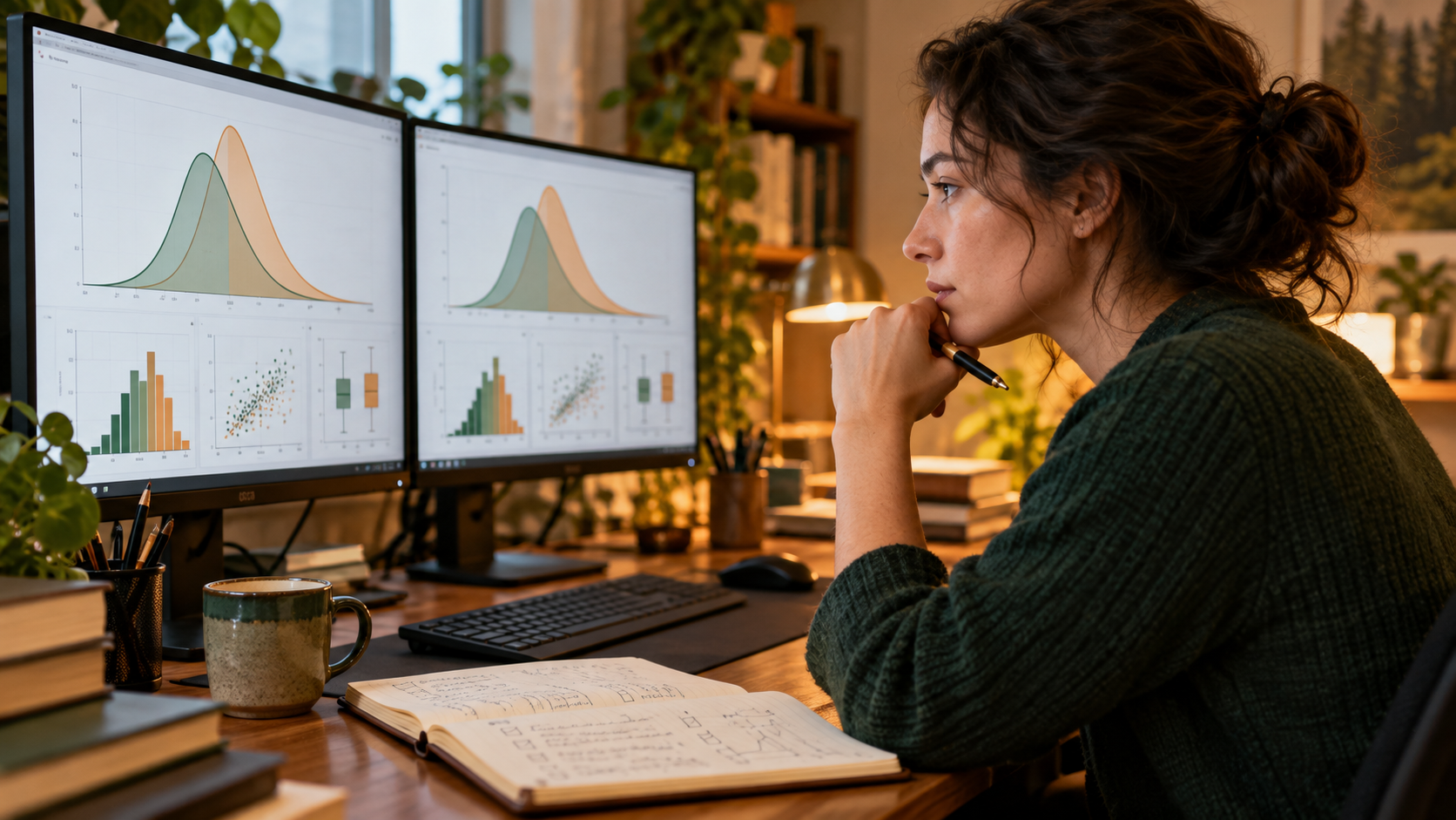 Researcher comparing distributions from real and synthetic datasets on two monitors