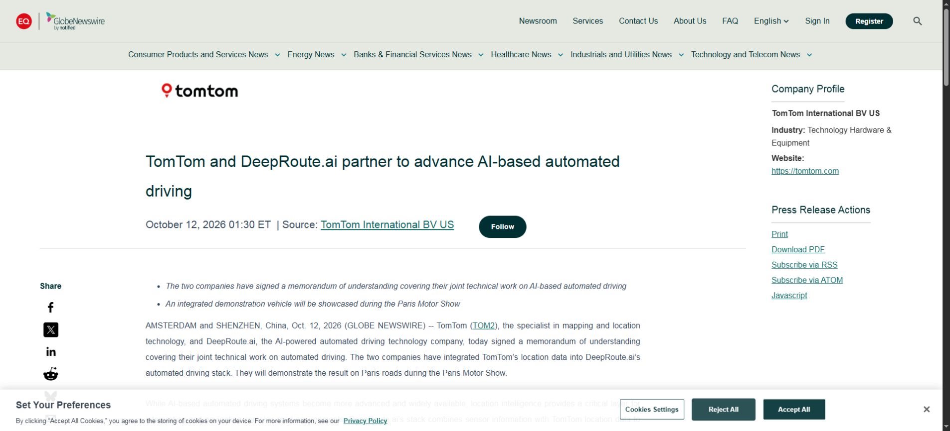 TomTom and DeepRoute.ai automated driving partnership announcement dated October 12, 2026