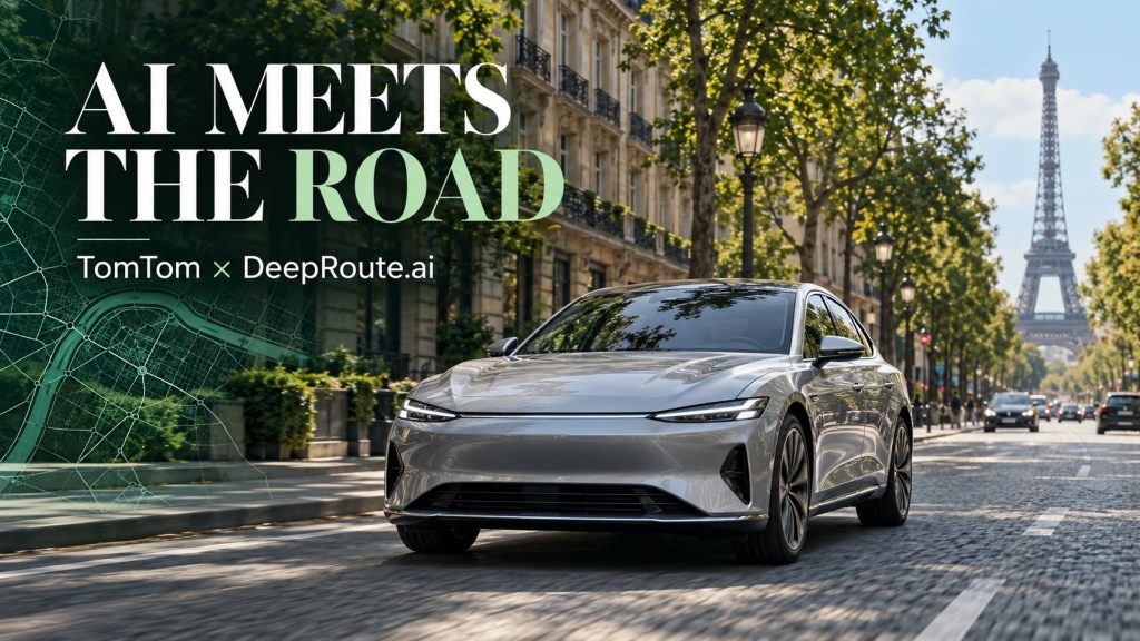 AI Meets the Road editorial cover with a silver car, Paris street and map overlay for the TomTom and DeepRoute.ai partnership
