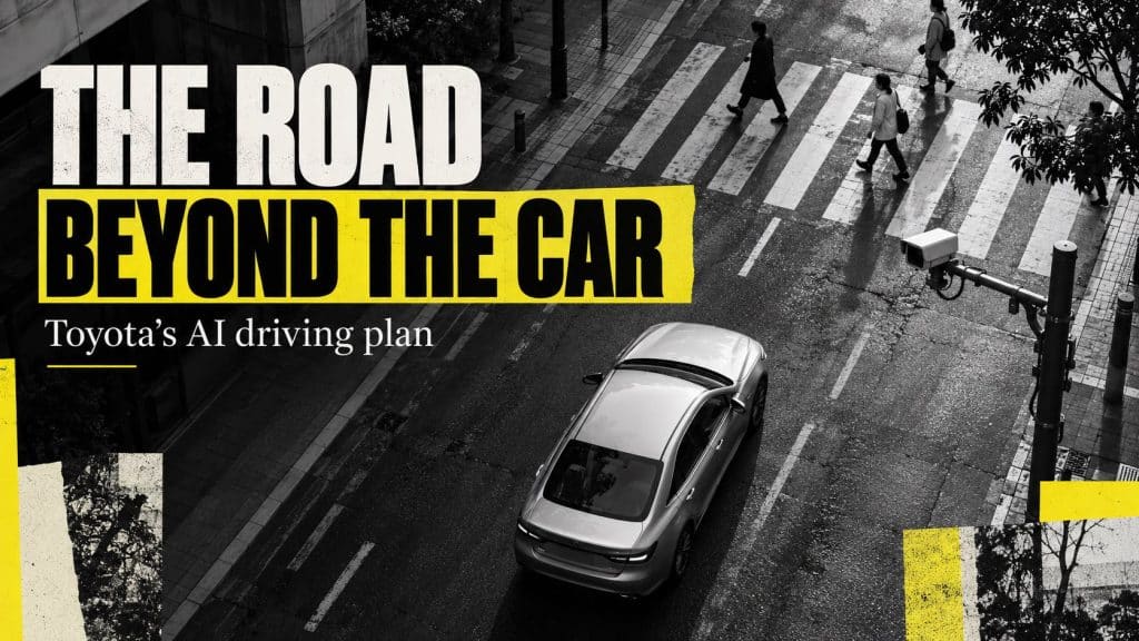 Toyota AI driving editorial cover with a silver car, pedestrian crossing, roadside camera and The Road Beyond the Car headline