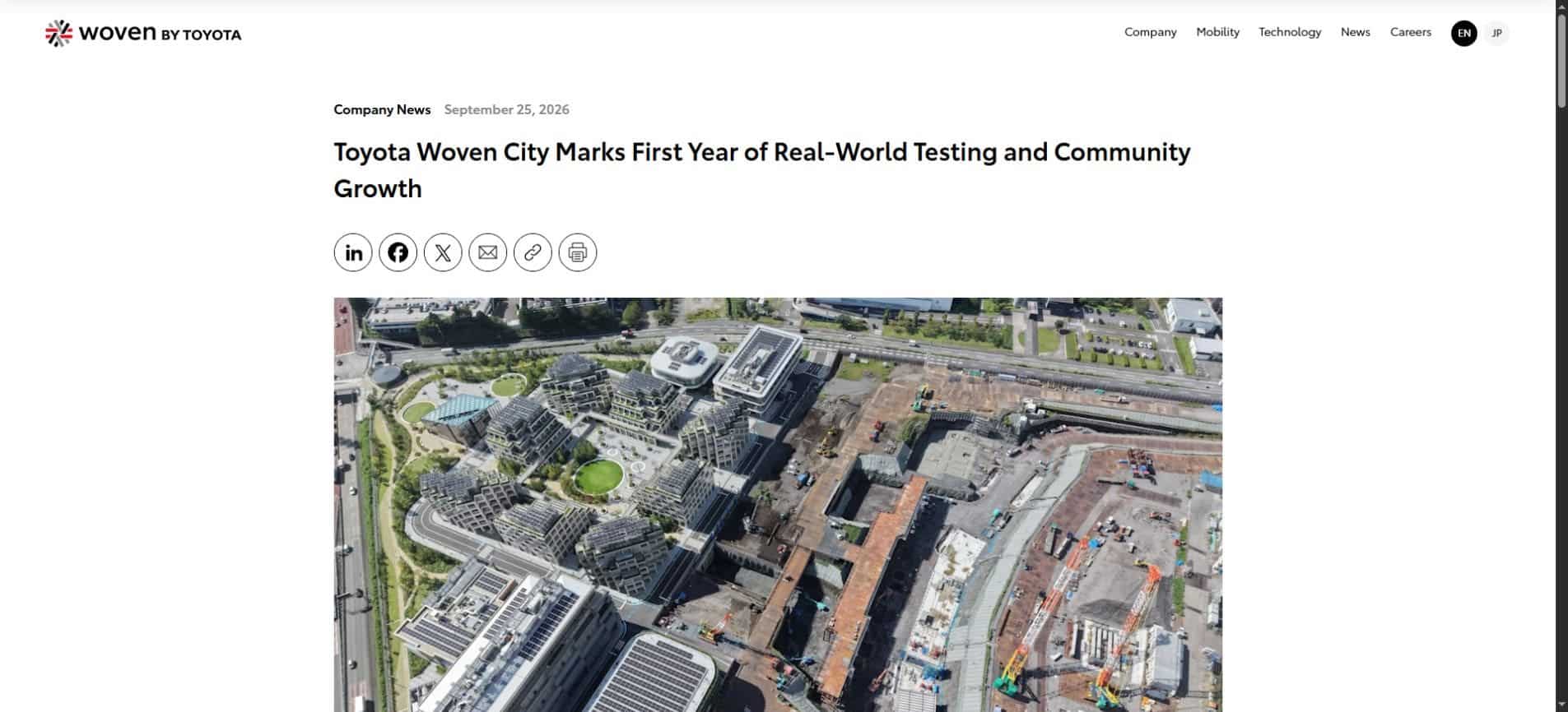 Official Woven City first-year update showing its publication date and aerial photograph of the test community
