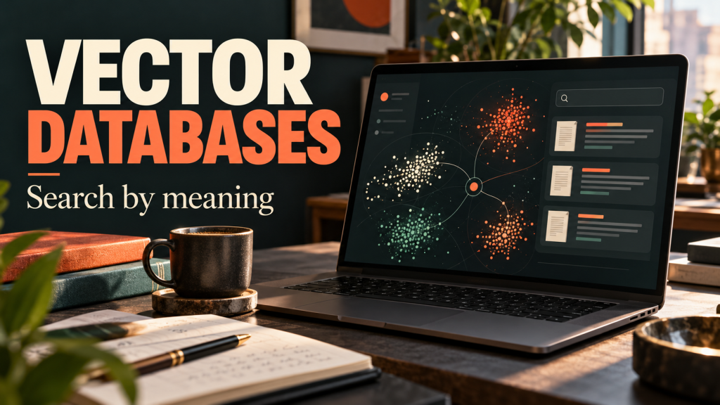 Vector databases cover with search by meaning headline and laptop showing related document clusters