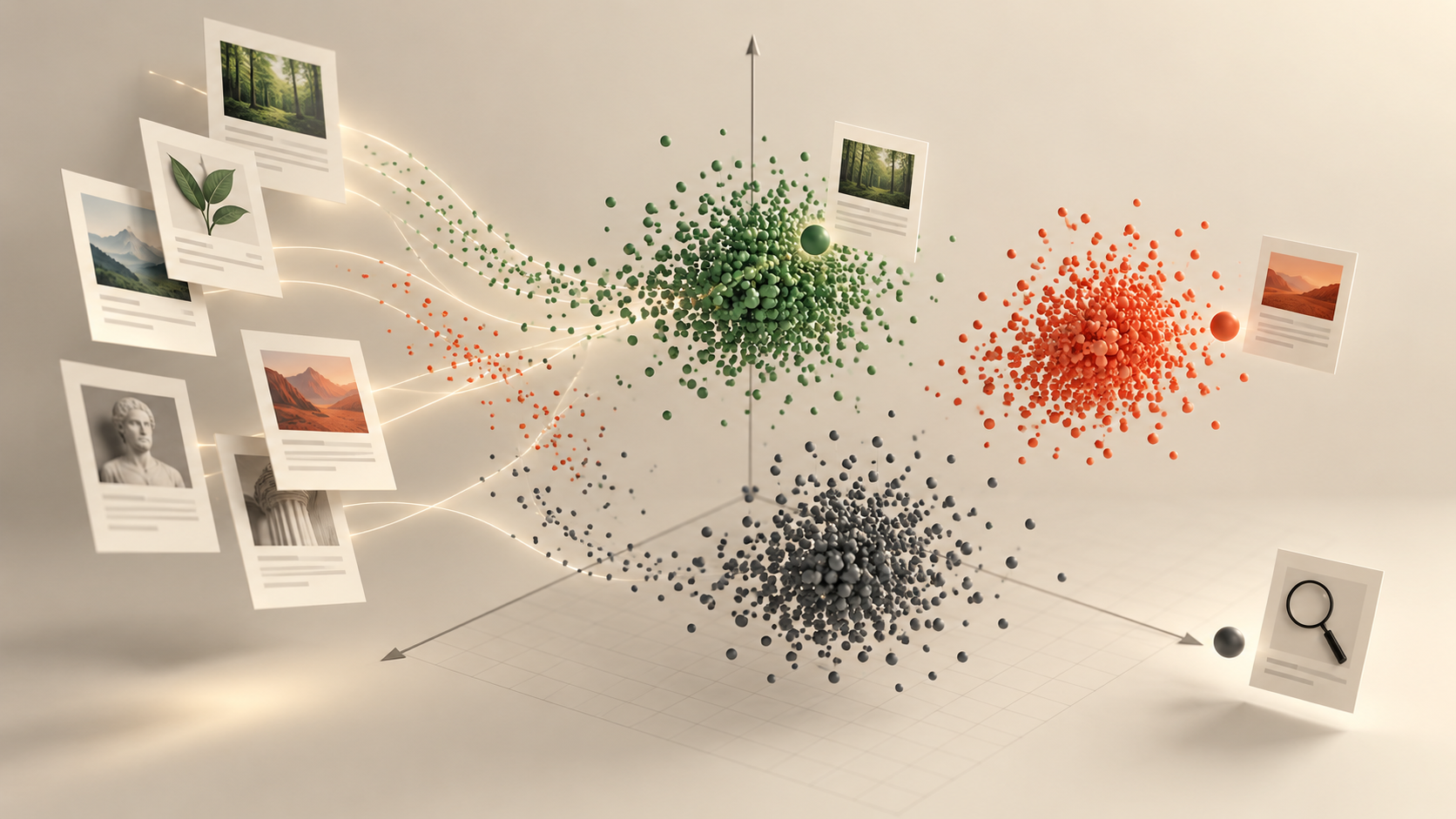 Document cards becoming clusters of related vectors in a meaning space