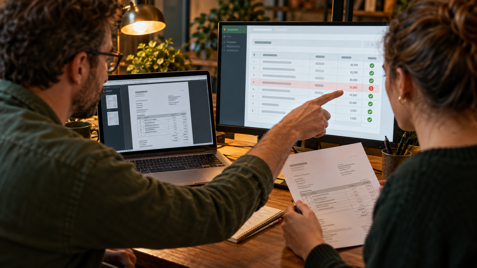 Two people comparing an extracted invoice field with the original document and flagging a mismatch