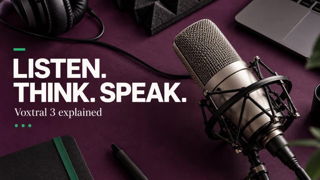 Voxtral 3 editorial cover with a silver microphone, plum background and Listen Think Speak headline