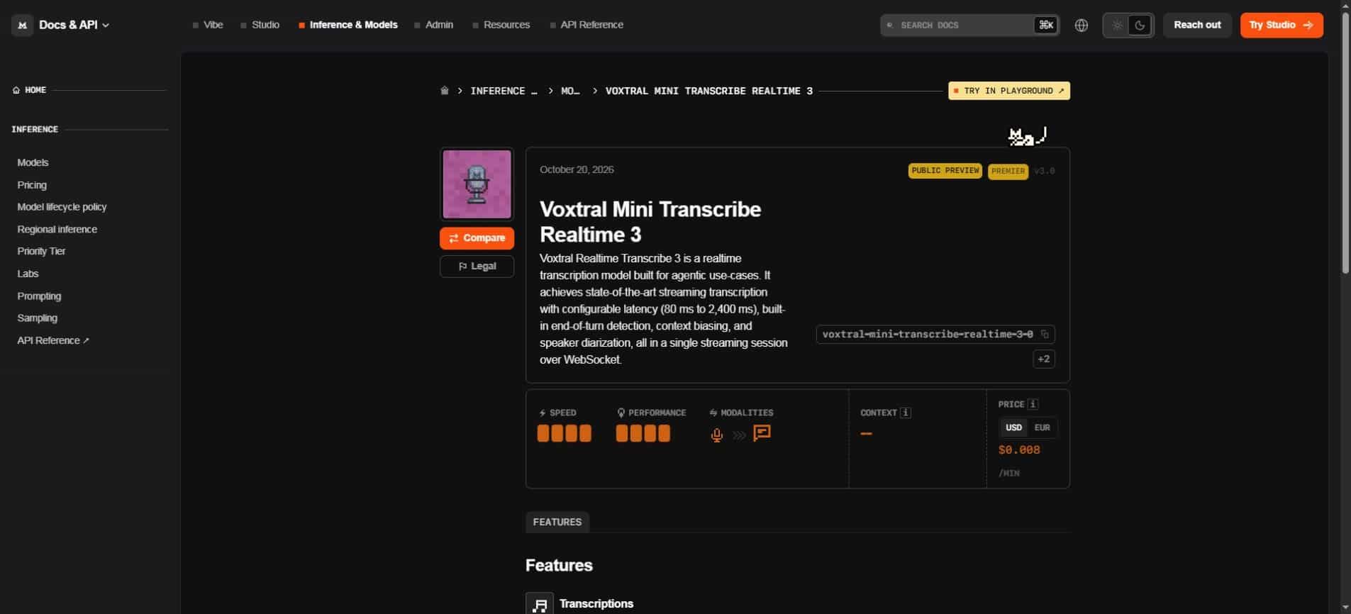 Mistral realtime transcription model page showing public preview status, streaming features and price per minute