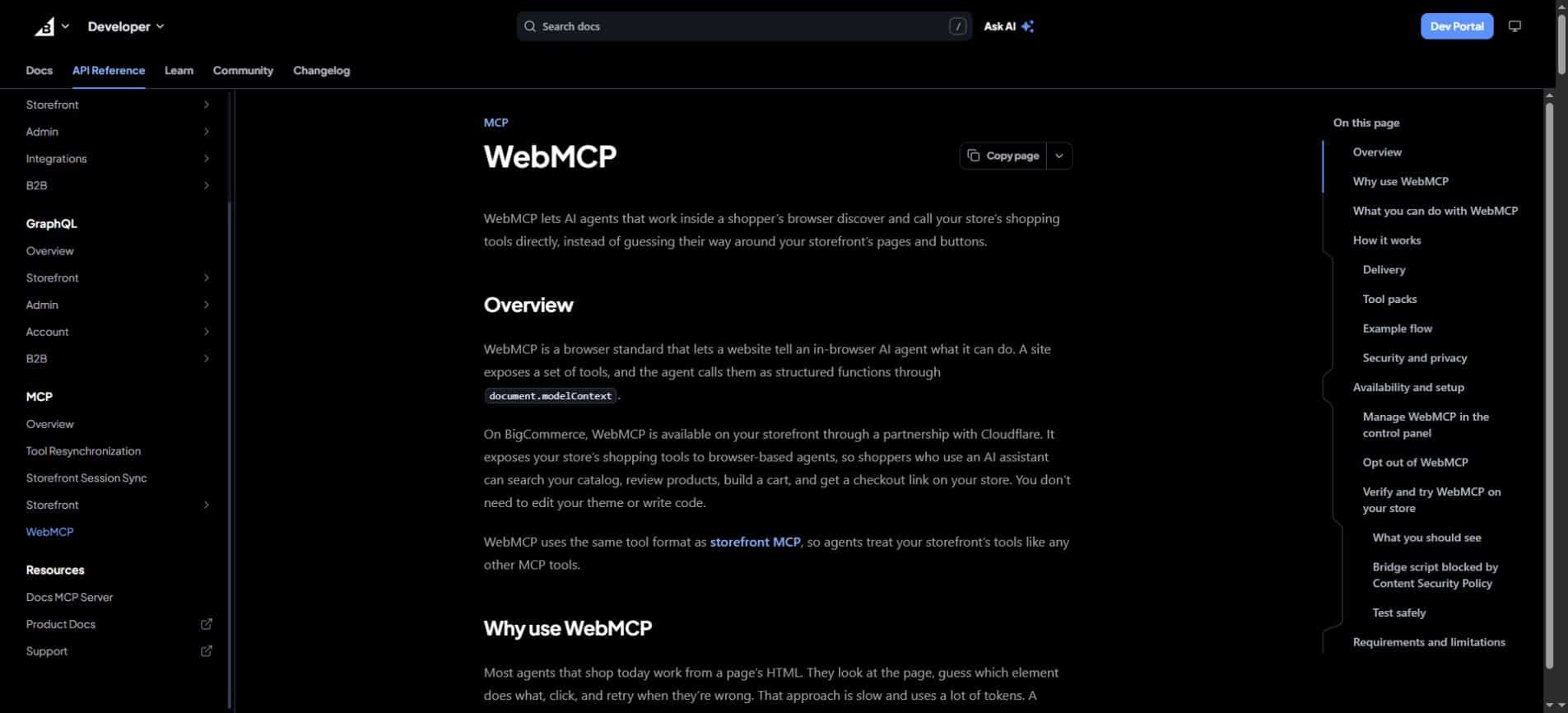 BigCommerce WebMCP documentation describing browser-based shopping tools and storefront integration