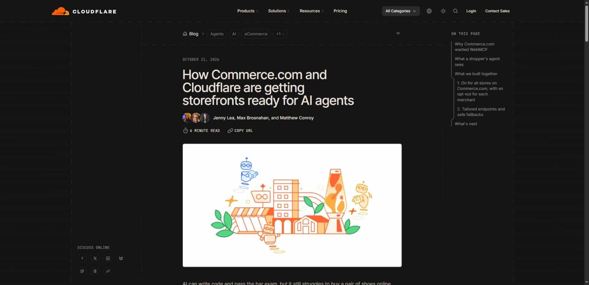 Cloudflare announcement about Commerce.com storefronts becoming ready for AI agents through WebMCP