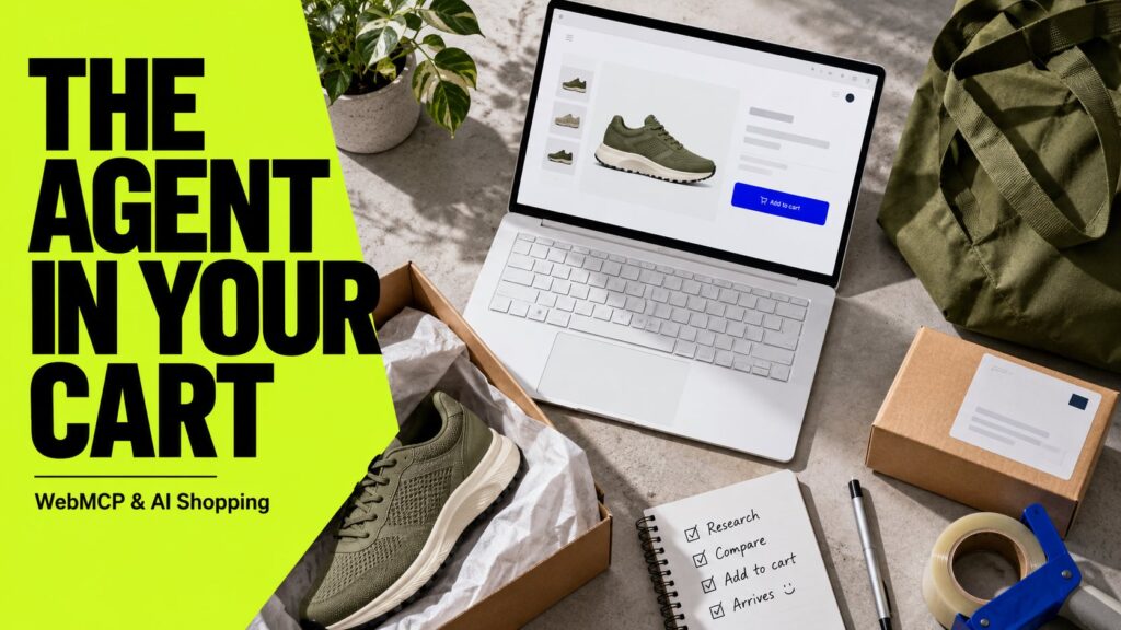 WebMCP shopping editorial cover showing a laptop, running shoe and lime headline The Agent in Your Cart